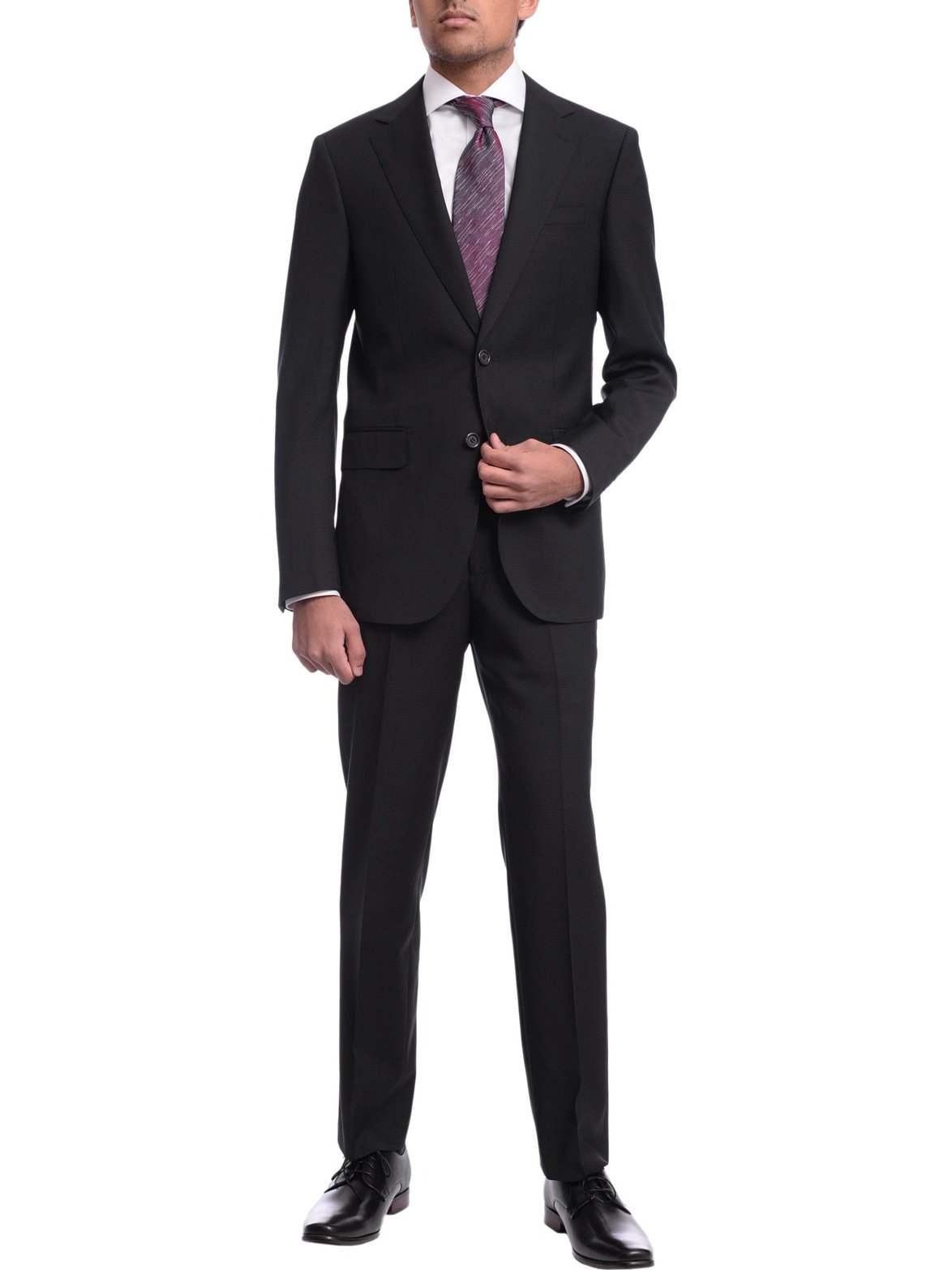 Napoli TWO PIECE SUITS Men's Napoli Slim Fit Black Textured Half Canvassed Two Button Reda Wool Suit