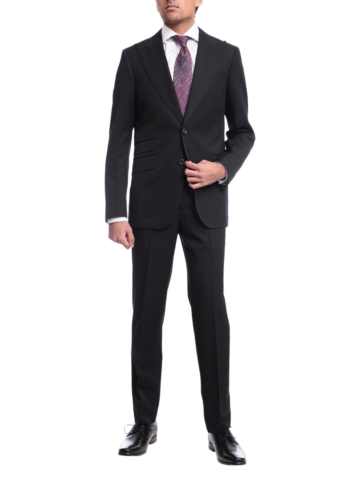 Napoli Slim Fit Solid Black Half Canvassed Wool Cashmere Suit With Peak Lapel