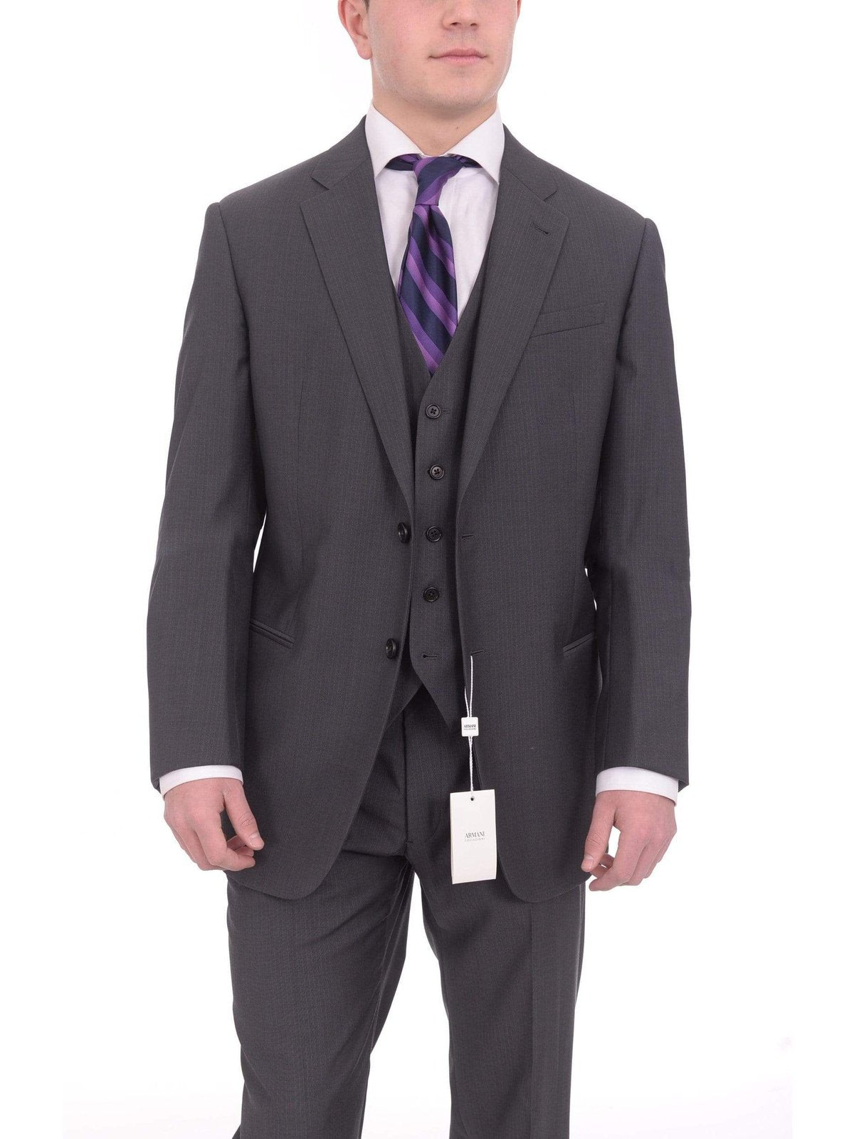 Armani Collezioni THREE PIECE SUITS Armani Collezioni Giorgio Slim Fit 46r 58 Gray Striped Three Piece Wool Suit