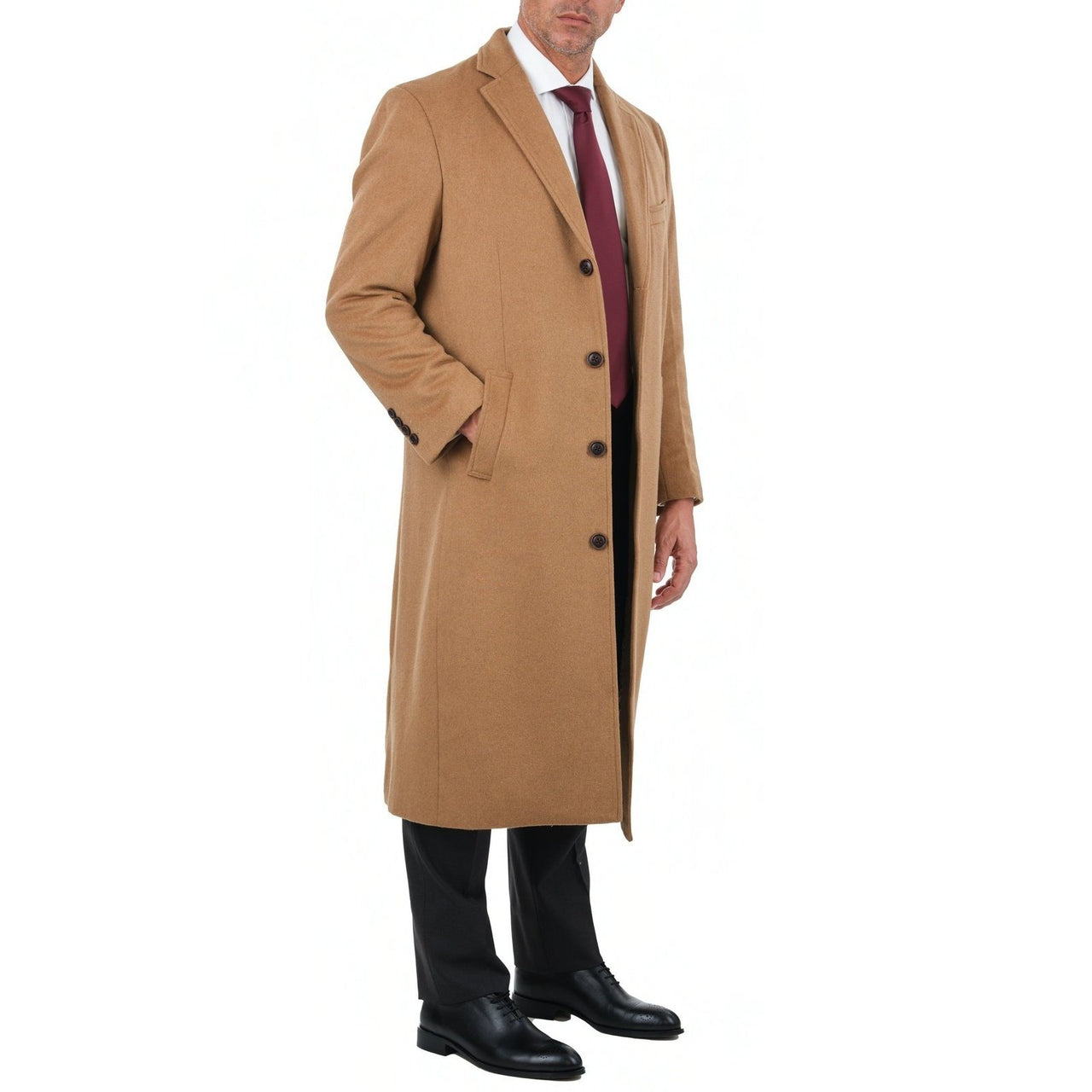 Arthur Black OUTERWEAR Mens Regular Fit Solid Camel Tan Full Length Wool Cashmere Overcoat Top Coat