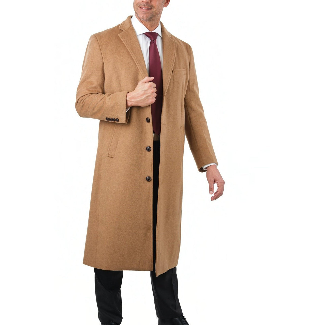 Arthur Black OUTERWEAR Mens Regular Fit Solid Camel Tan Full Length Wool Cashmere Overcoat Top Coat