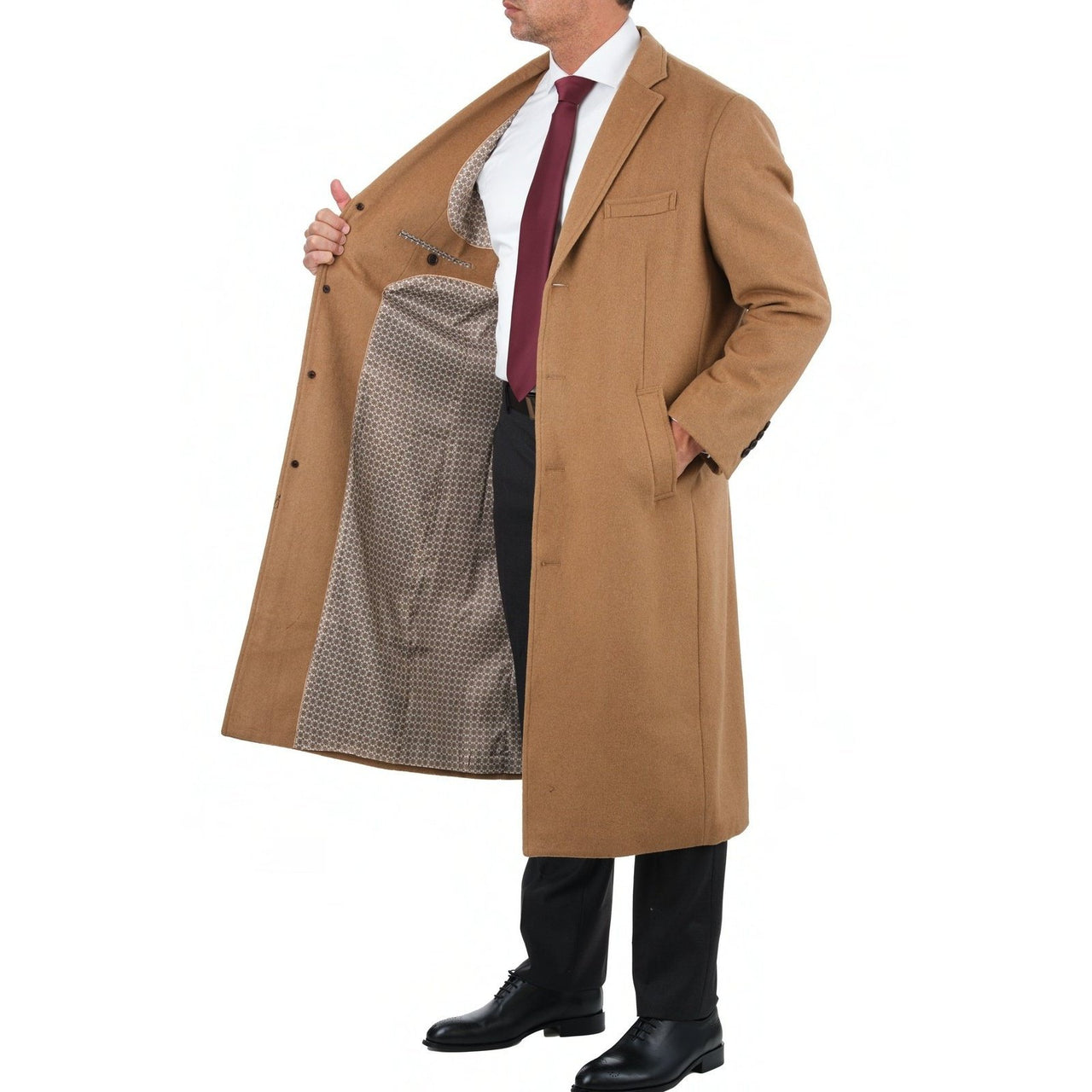 Arthur Black OUTERWEAR Mens Regular Fit Solid Camel Tan Full Length Wool Cashmere Overcoat Top Coat