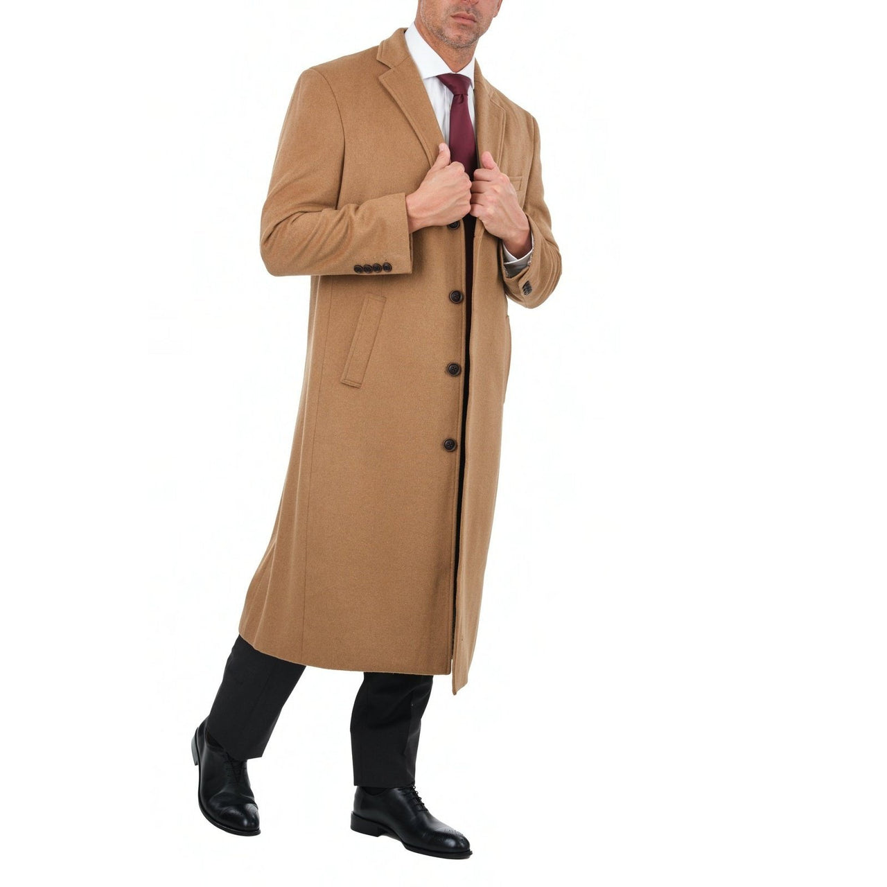 Arthur Black OUTERWEAR Mens Regular Fit Solid Camel Tan Full Length Wool Cashmere Overcoat Top Coat