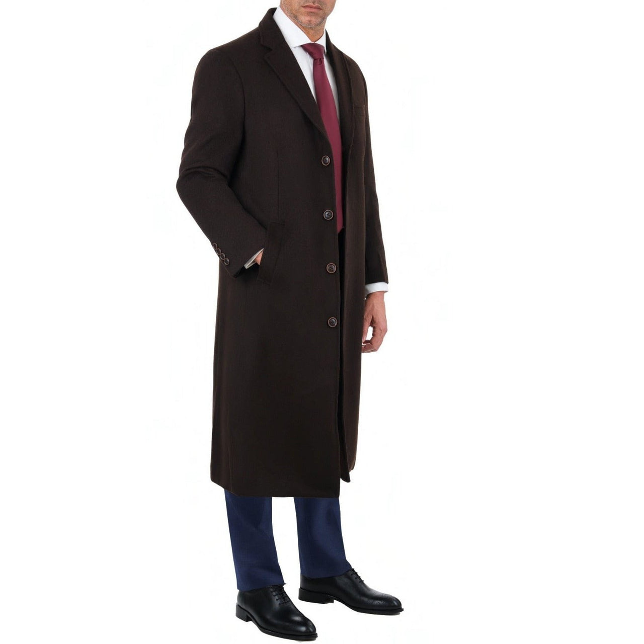 Arthur Black OUTERWEAR Mens Regular Fit Solid Dark Brown Full Length Wool Cashmere Overcoat Top Coat