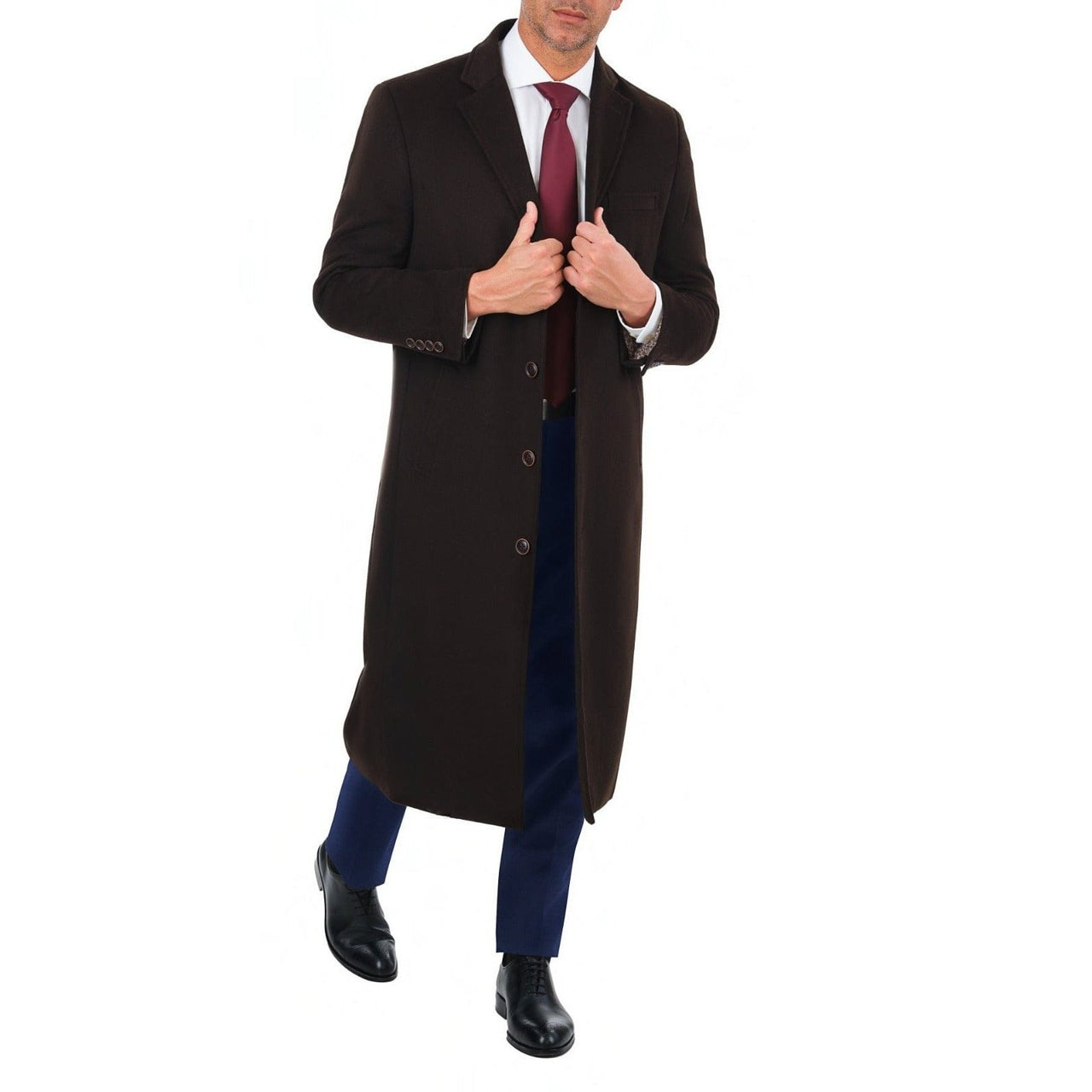 Arthur Black OUTERWEAR Mens Regular Fit Solid Dark Brown Full Length Wool Cashmere Overcoat Top Coat