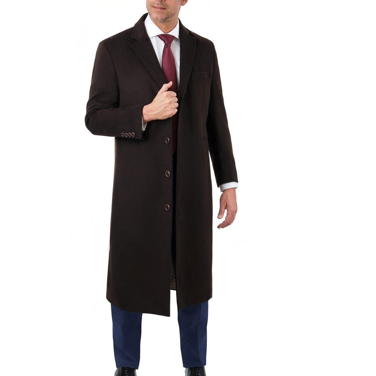 Arthur Black OUTERWEAR Mens Regular Fit Solid Dark Brown Full Length Wool Cashmere Overcoat Top Coat