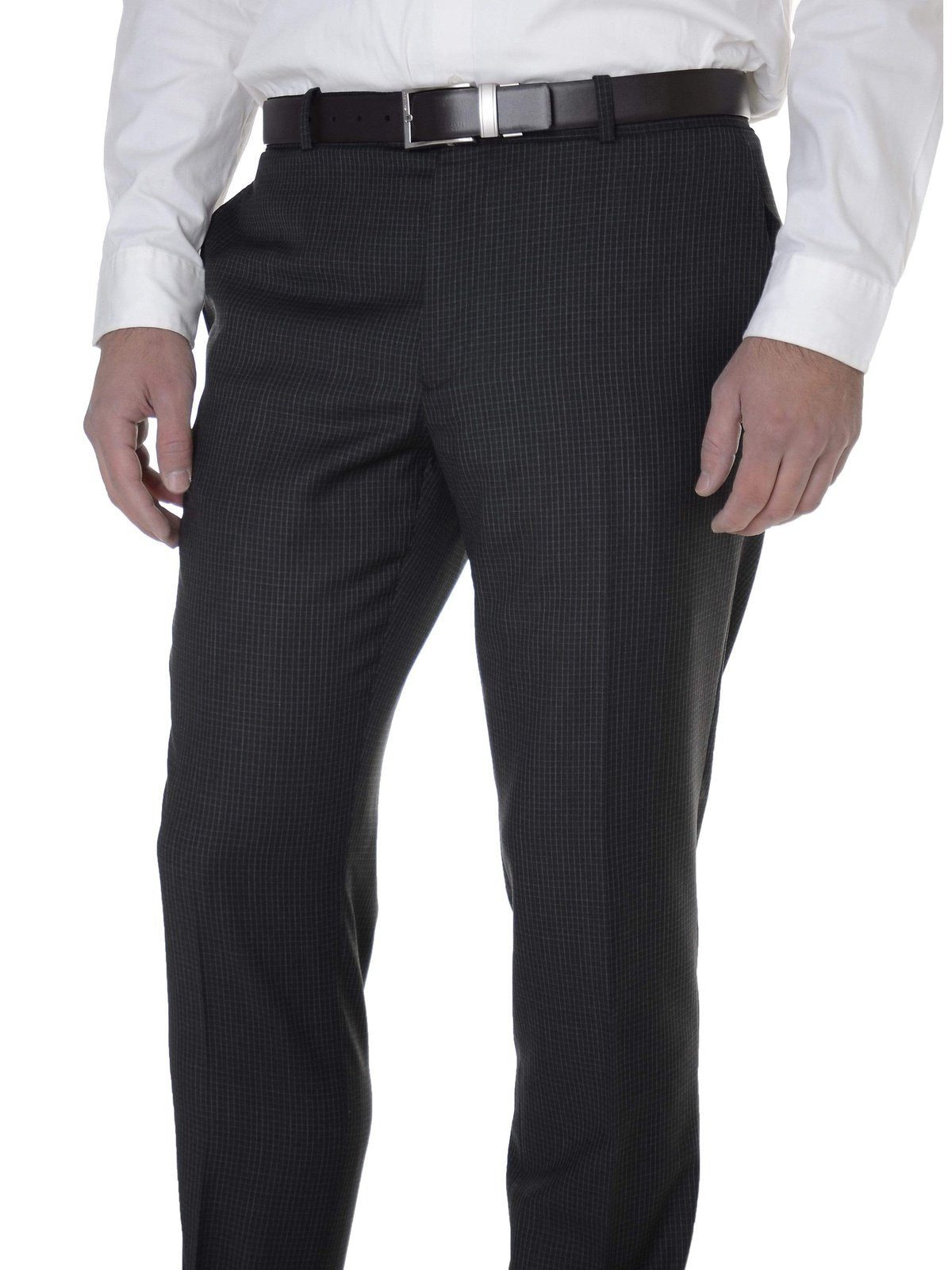 Bar III PANTS Bar III Mens Charcoal Gray Check Slim Fit Flat Front Wool Blend Dress Pants