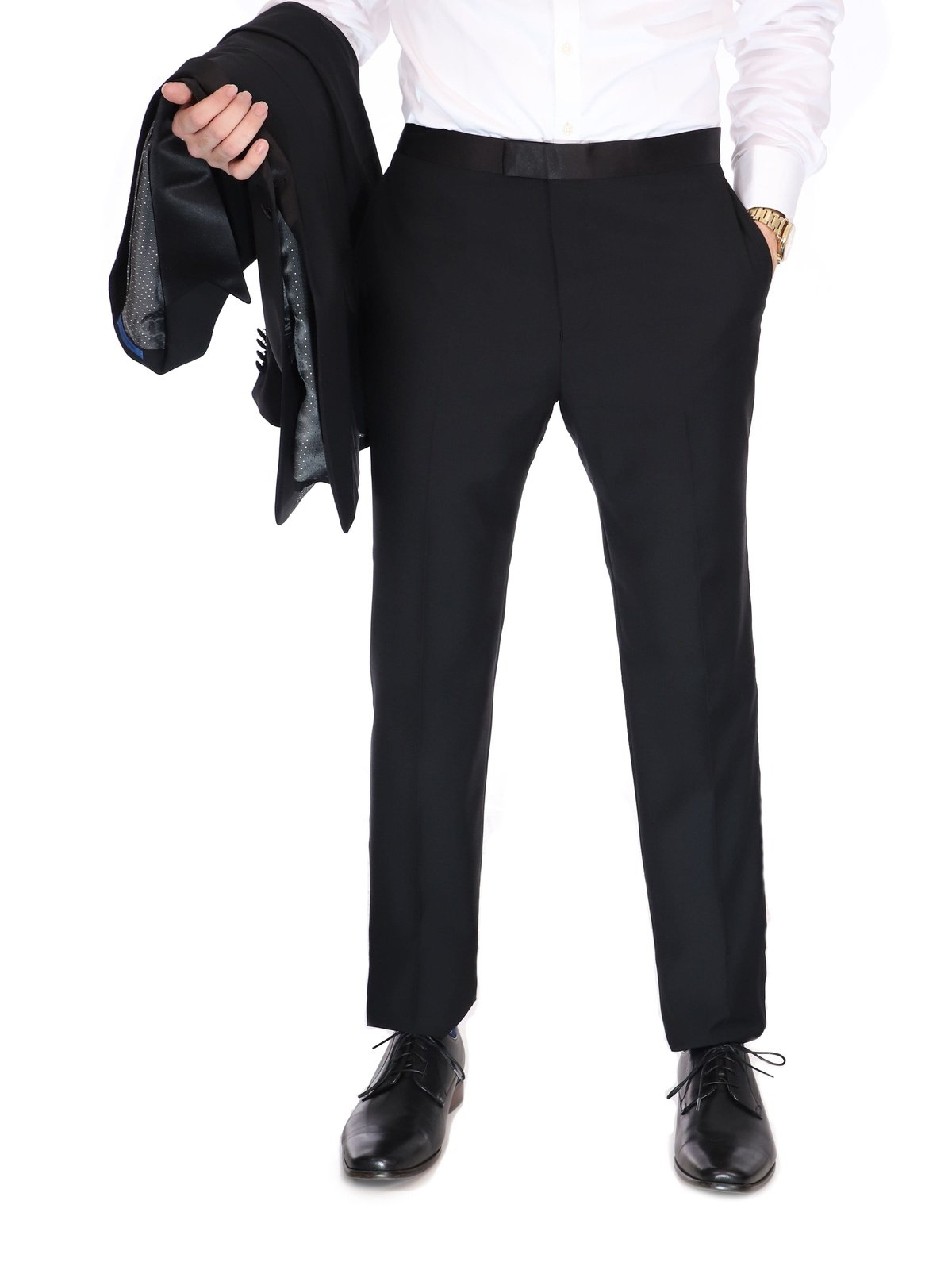 Blujacket TUXEDOS Blujacket Mens Solid Black 100% Wool Regular Fit Tuxedo Suit With Satin Lapel