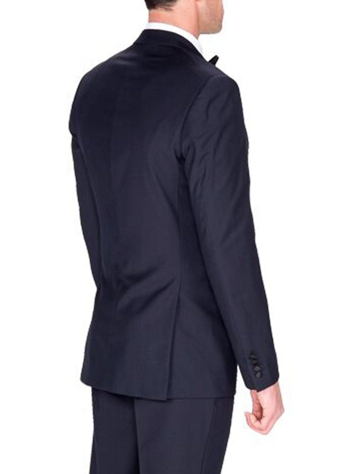 side back view of navy blue tuxedo