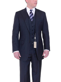 Thumbnail for Canali THREE PIECE SUITS Canali 38xl 48 Drop 7 Navy Tonal Striped Three Piece Wool Suit With Peak Lapels