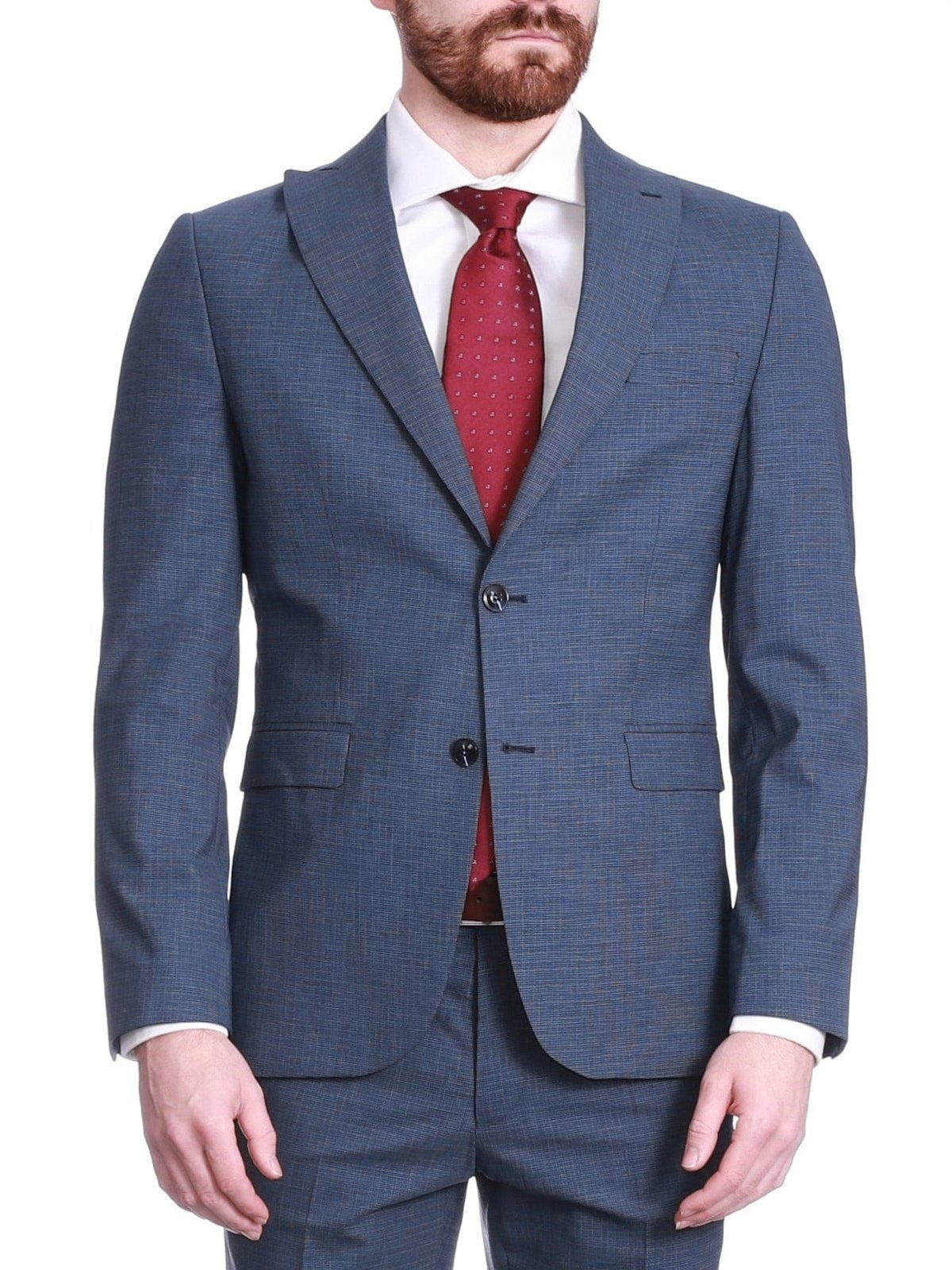 Carducci SUITS Carducci Mens Blue Mini Check Wool Blend Slim Fit Suit With Peak Lapels