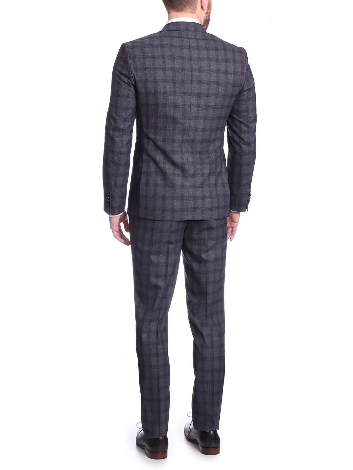 Carducci SUITS Carducci Mens Blue Windowpane Wool Blend Slim Fit Suit With Peak Lapels