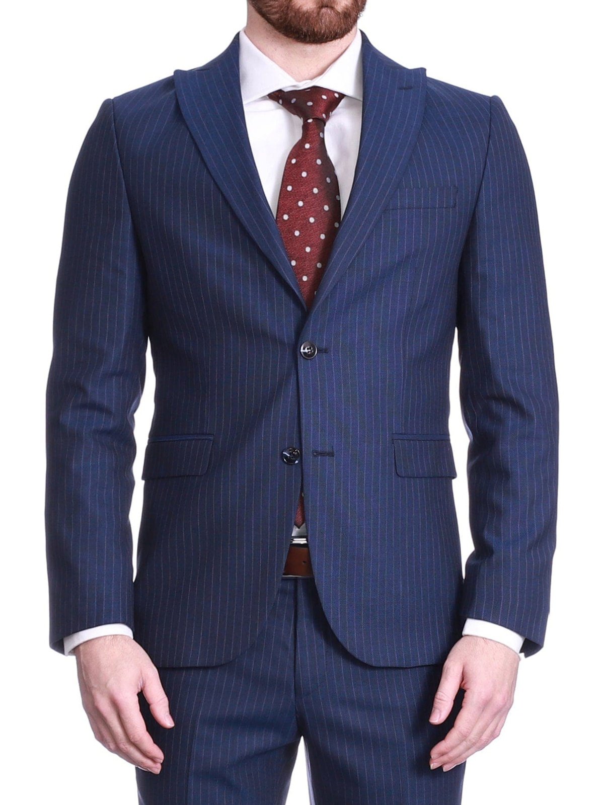 Carducci SUITS Carducci Mens French Blue Pinstripe Wool Blend Slim Fit Suit With Peak Lapels