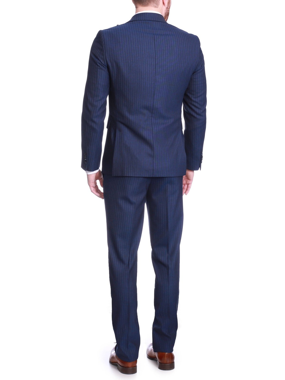 Carducci SUITS Carducci Mens French Blue Pinstripe Wool Blend Slim Fit Suit With Peak Lapels