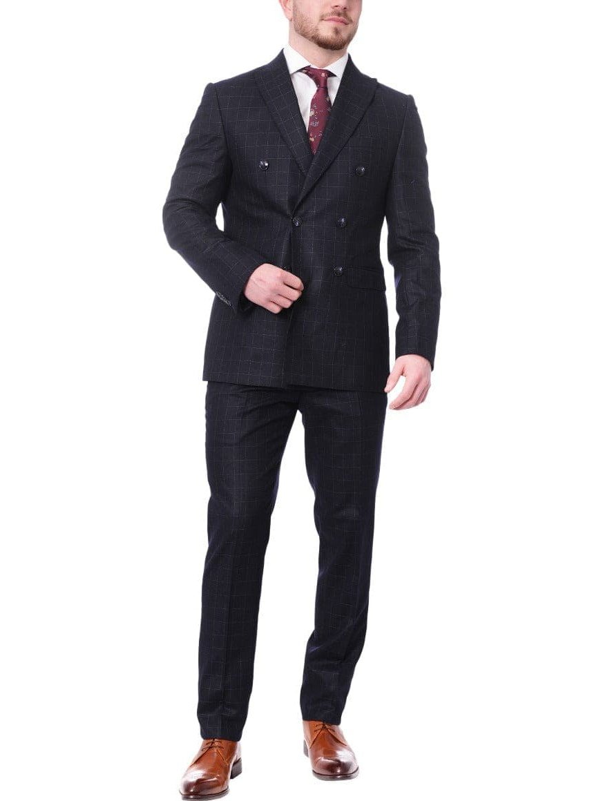 Carducci TWO PIECE SUITS Carducci Mens Double Breasted Navy Windowpane 100% Wool Flannel Slim Fit Suit