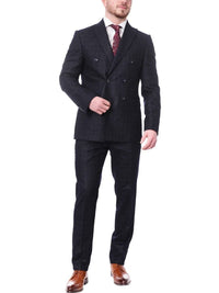 Thumbnail for Carducci TWO PIECE SUITS Carducci Mens Double Breasted Navy Windowpane 100% Wool Flannel Slim Fit Suit