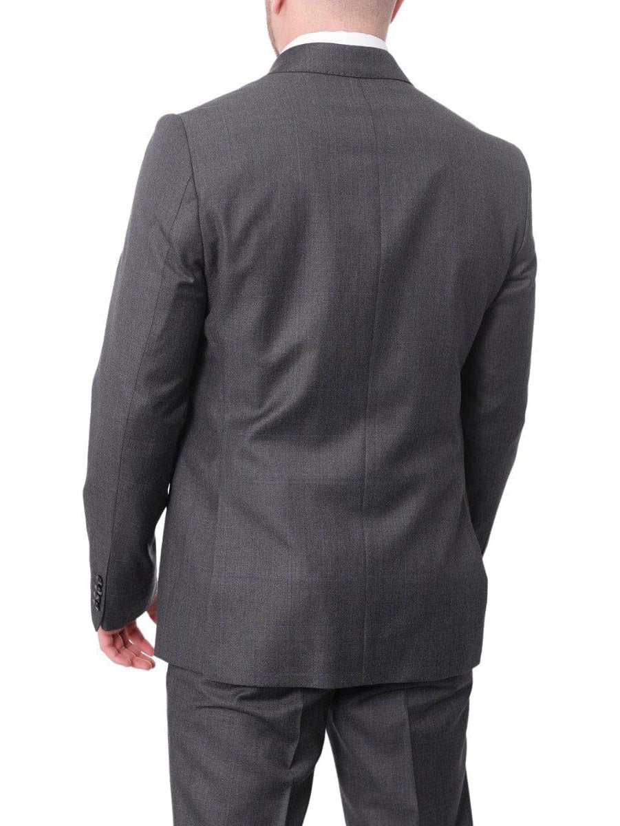 Carducci TWO PIECE SUITS Carducci Mens Gray With Blue Windowpane 100% Wool Slim Fit Suit