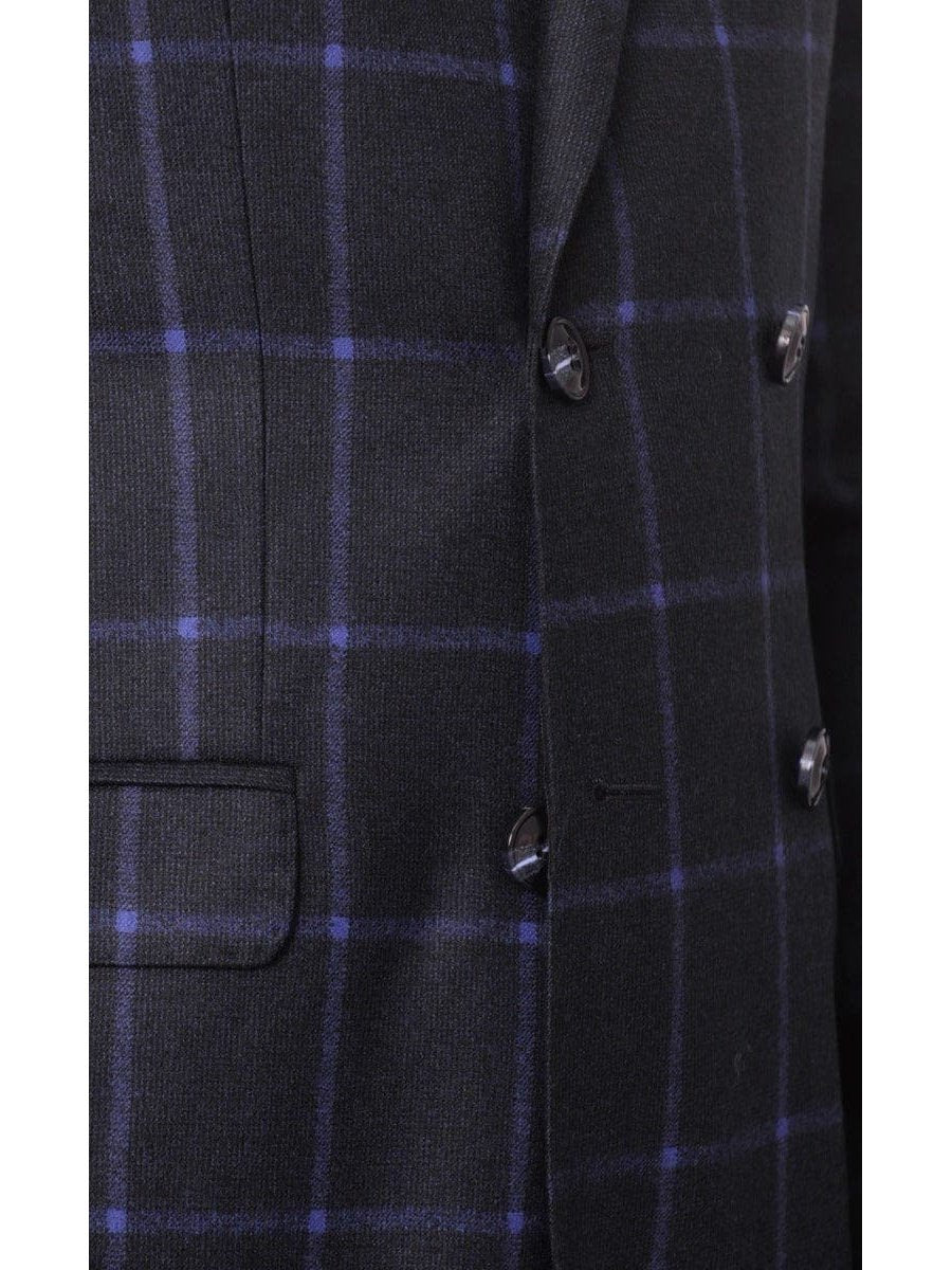 Carducci TWO PIECE SUITS Carducci Mens Navy Blue Windowpane 100% Wool Flannel Slim Fit Suit