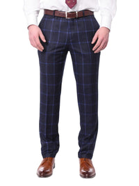 Thumbnail for Carducci TWO PIECE SUITS Carducci Mens Navy Blue Windowpane 100% Wool Flannel Slim Fit Suit