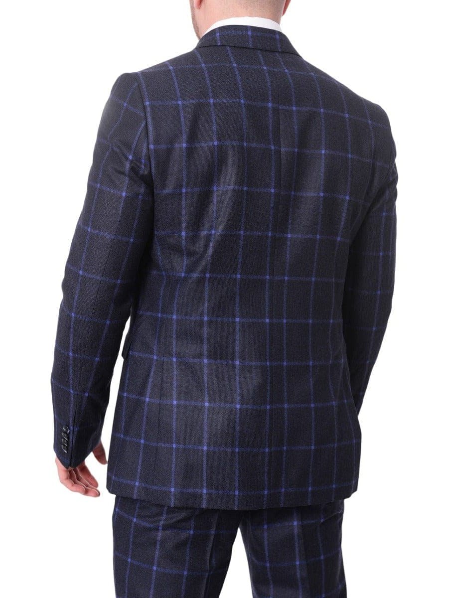 Carducci TWO PIECE SUITS Carducci Mens Navy Blue Windowpane 100% Wool Flannel Slim Fit Suit