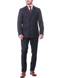 Thumbnail for Carducci TWO PIECE SUITS Carducci Mens Navy Blue With Light Blue Windowpane 100% Wool Slim Fit Suit