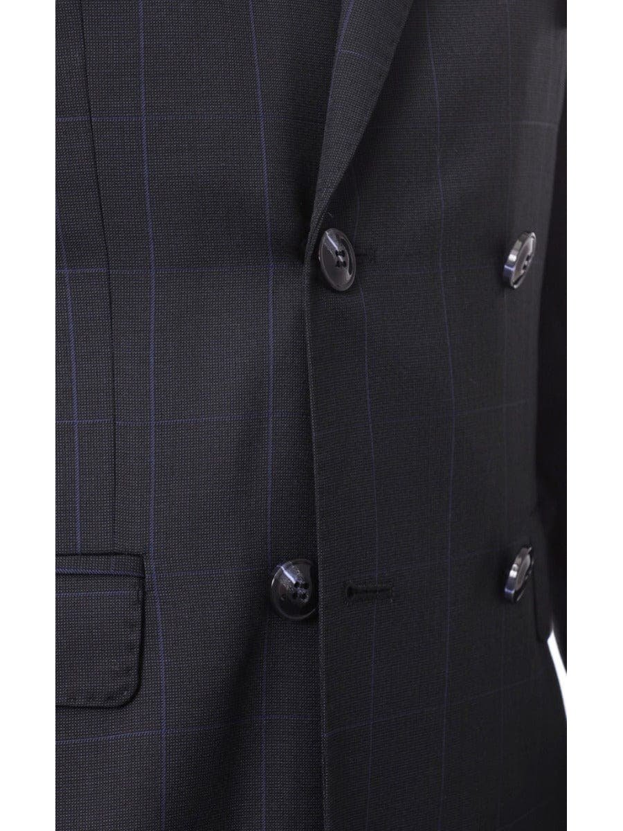 Carducci TWO PIECE SUITS Carducci Mens Navy Blue With Light Blue Windowpane 100% Wool Slim Fit Suit