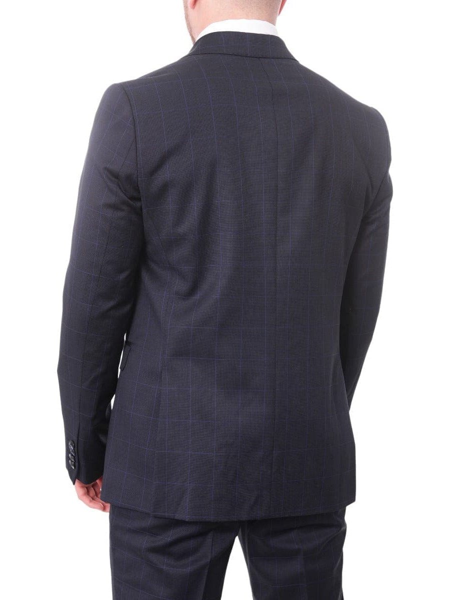 Carducci TWO PIECE SUITS Carducci Mens Navy Blue With Light Blue Windowpane 100% Wool Slim Fit Suit