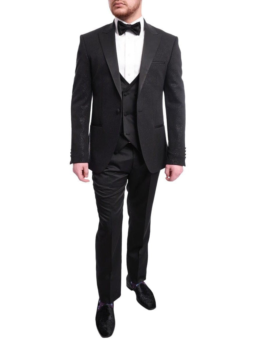 Cemden Sale Suits Cemden Slim Fit Black Sparkled One Button Three Piece Tuxedo Suit