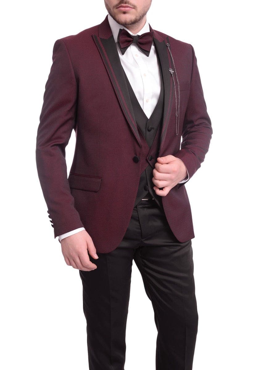 Cemden THREE PIECE SUITS Cemden Extra Slim Fit Burgundy Diamond Motif One Button Three Piece Tuxedo