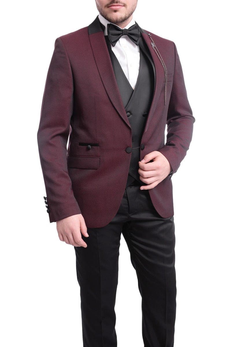 Cemden THREE PIECE SUITS Cemden Extra Slim Fit Burgundy With Black Diamond Check Three Piece Tuxedo