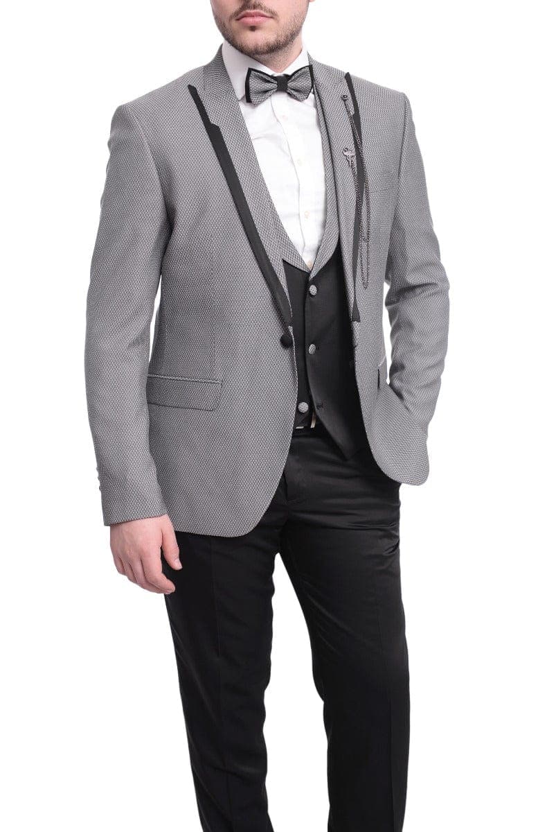 Cemden THREE PIECE SUITS Cemden Extra Slim Fit Gray With Black Diamond Check Three Piece Tuxedo