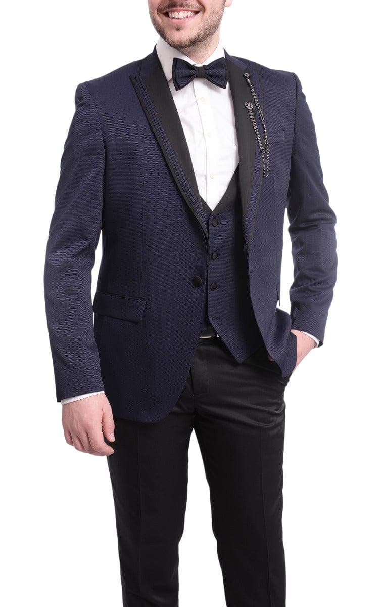 Cemden TUXEDOS Cemden Extra Slim Fit Navy Blue Textured One Button Tuxedo With Matching Vest