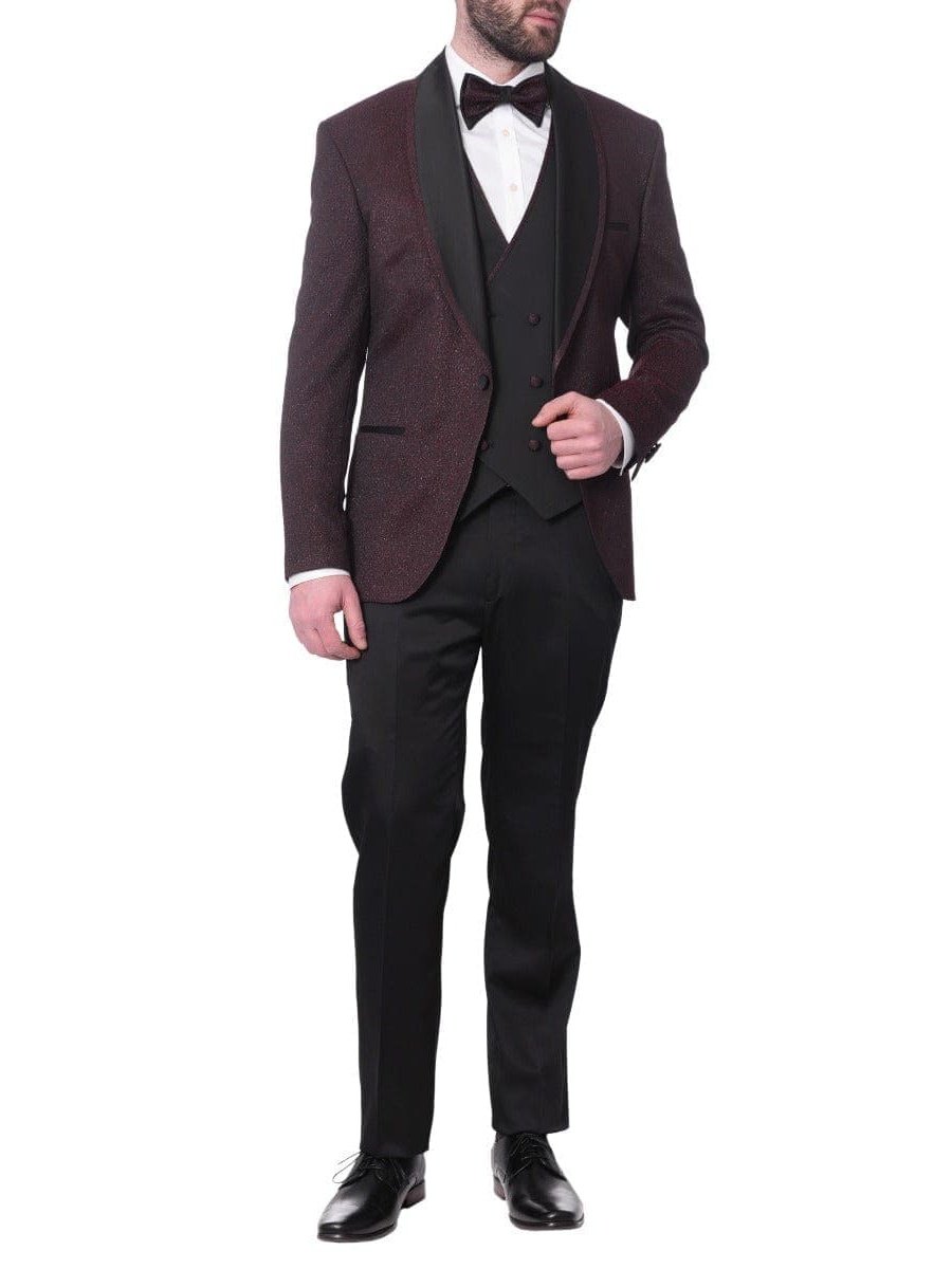 Cemden TWO PIECE SUITS Cemden Mens Slim Fit Red & Black Shimmer 1-button 3 Piece Tuxedo Suit