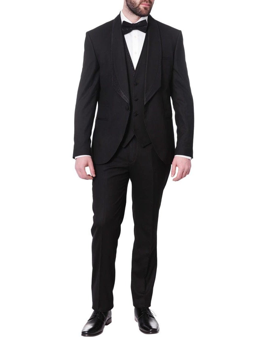 Cemden TWO PIECE SUITS Cemden Mens Slim Fit Solid Black 1-button 3-piece Tuxedo Suit With Shimmer Lapel