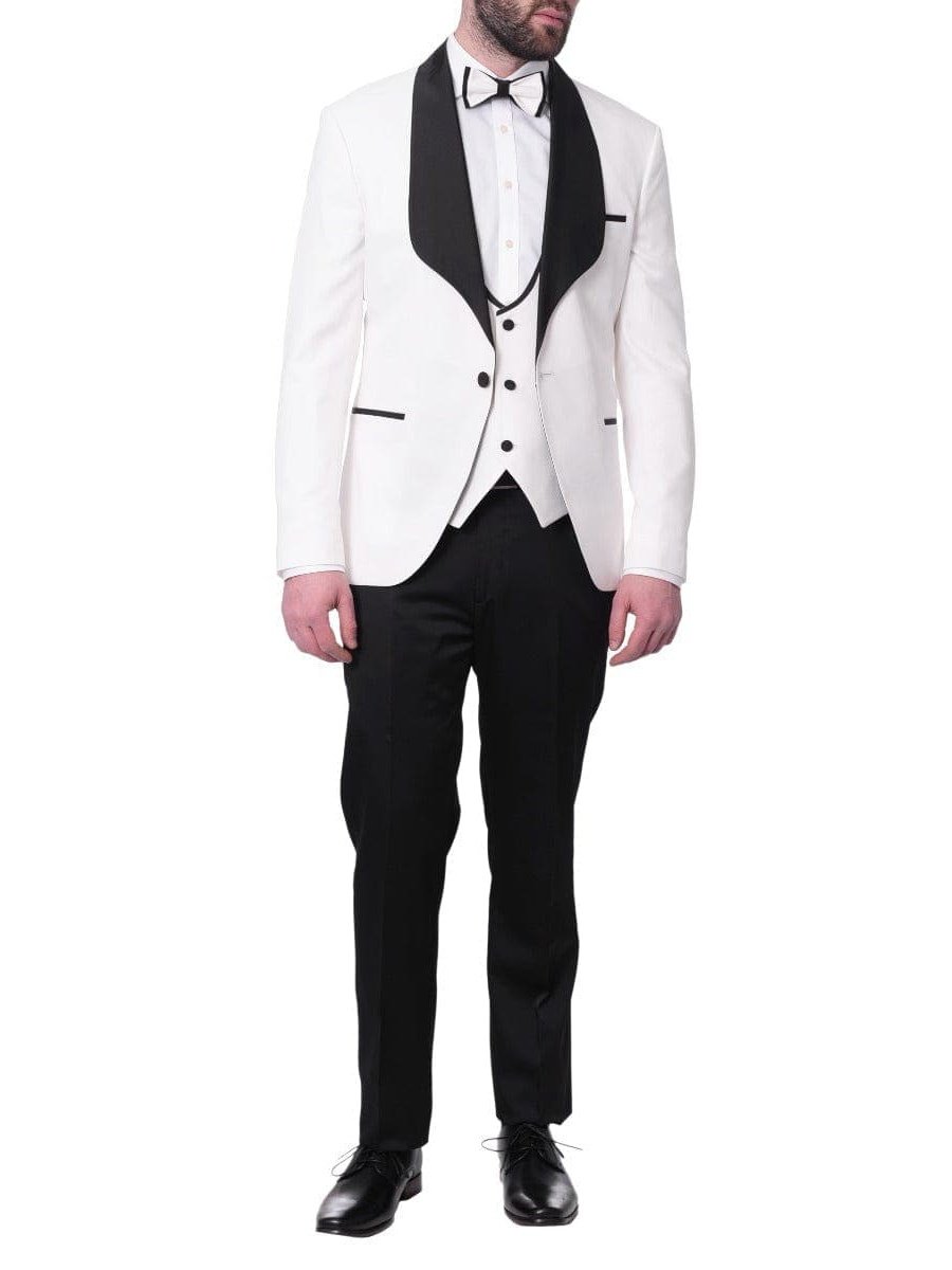 Cemden TWO PIECE SUITS Cemden Mens Slim Fit Solid White 1-button 3 Piece Tuxedo Suit With Shawl Lapels