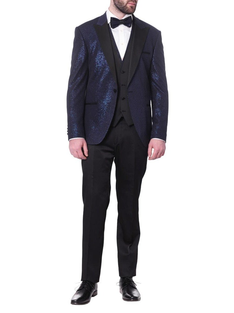 Cemden TWO PIECE SUITS Cemden Mens Solid Blue Shimmer 3 Piece One Button Tuxedo Suit