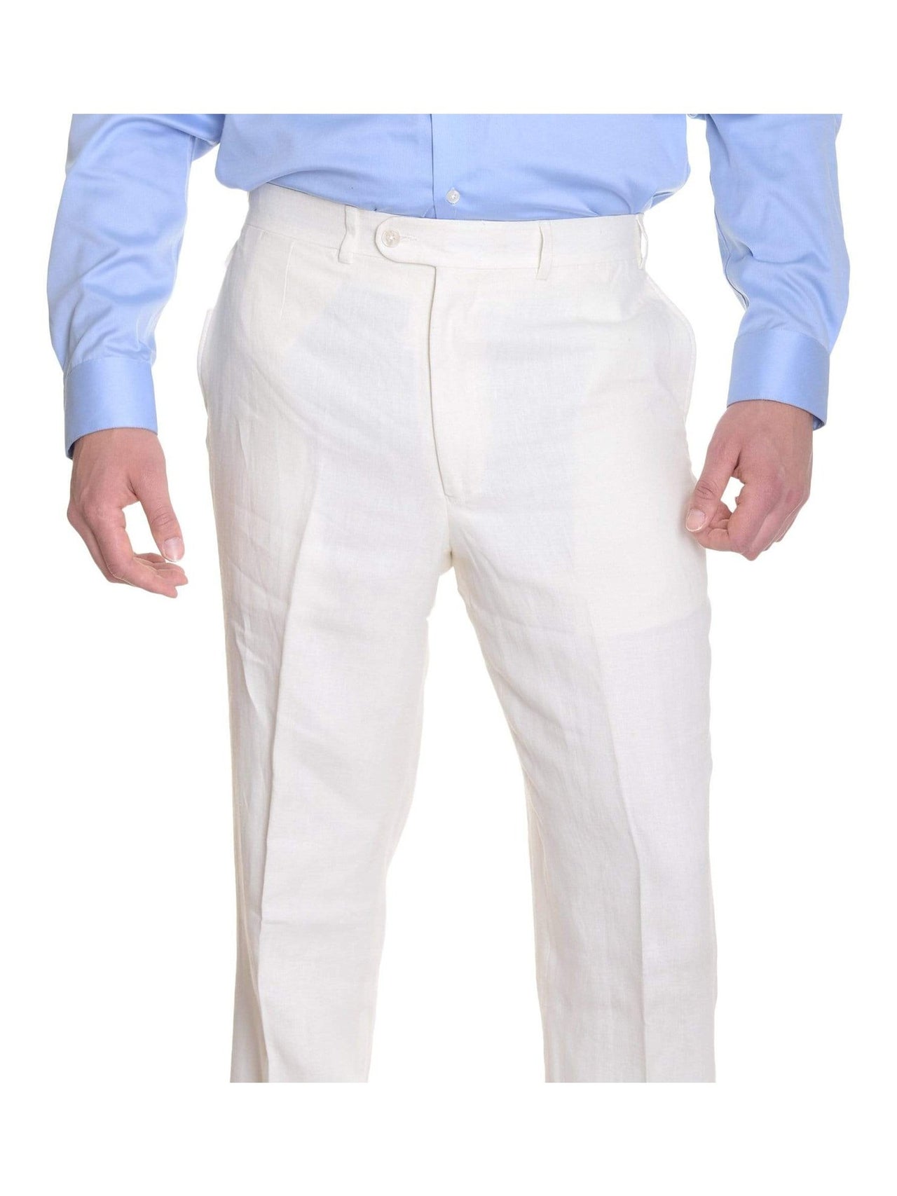 Crespi PANTS 32W Crespi Classic Fit Solid Off-White Flat Front Linen Casual Pants