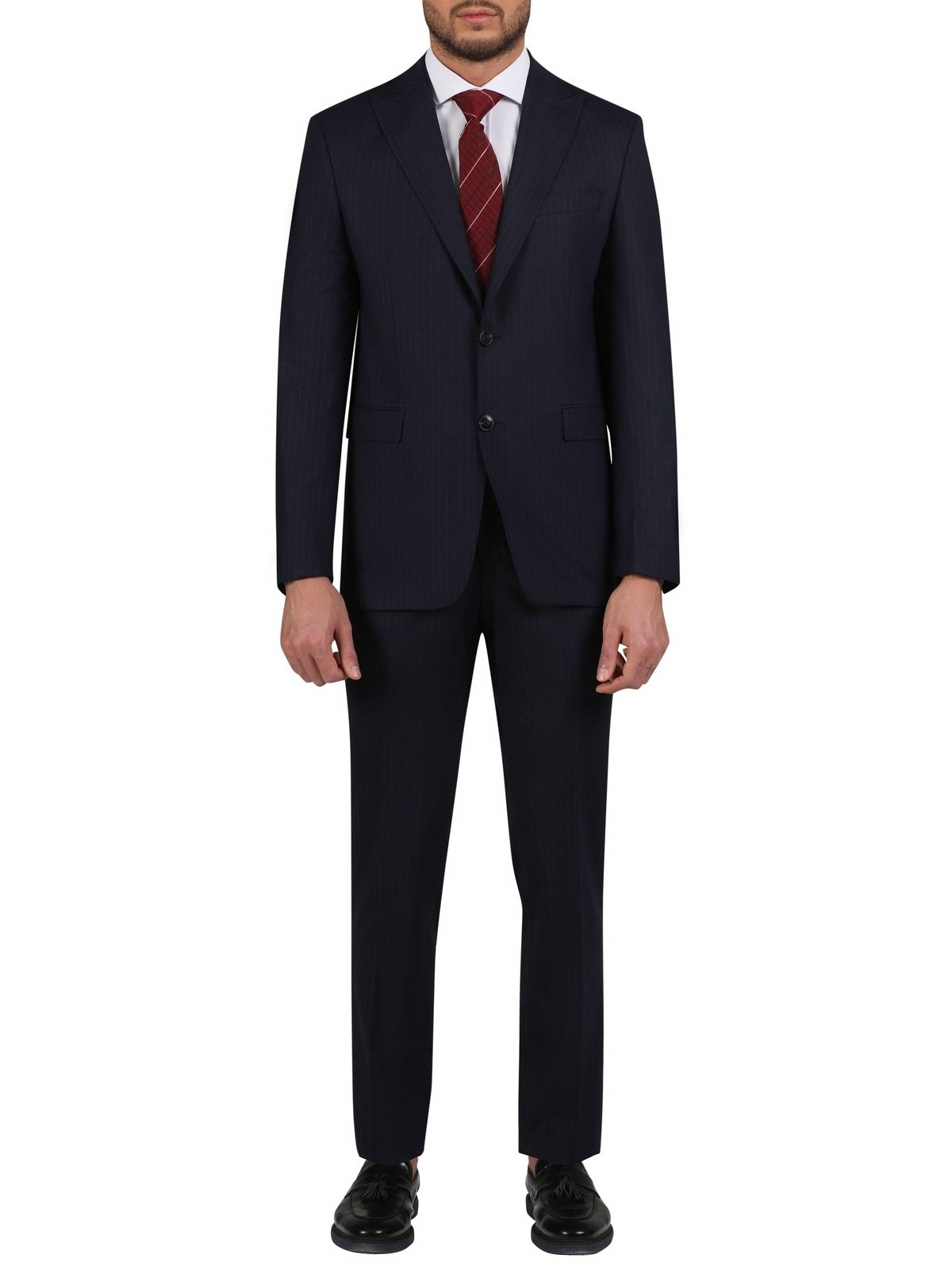 Di'nucci SUITS 34S Di'nucci Navy With Burgundy Stripe Peak Lapel Wool Suit