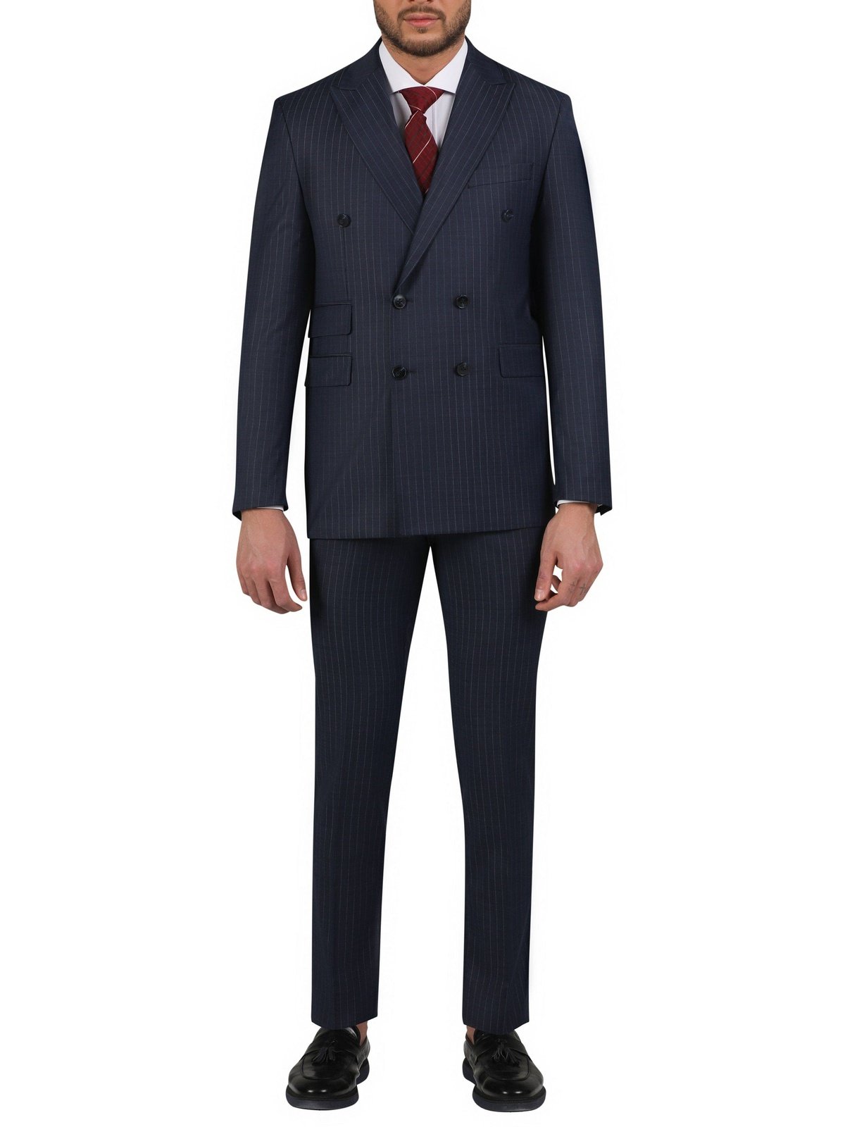 Di'nucci SUITS 38R Di'nucci Navy With Purple Pinstripe Double Breasted Peak Lapel Wool Suit