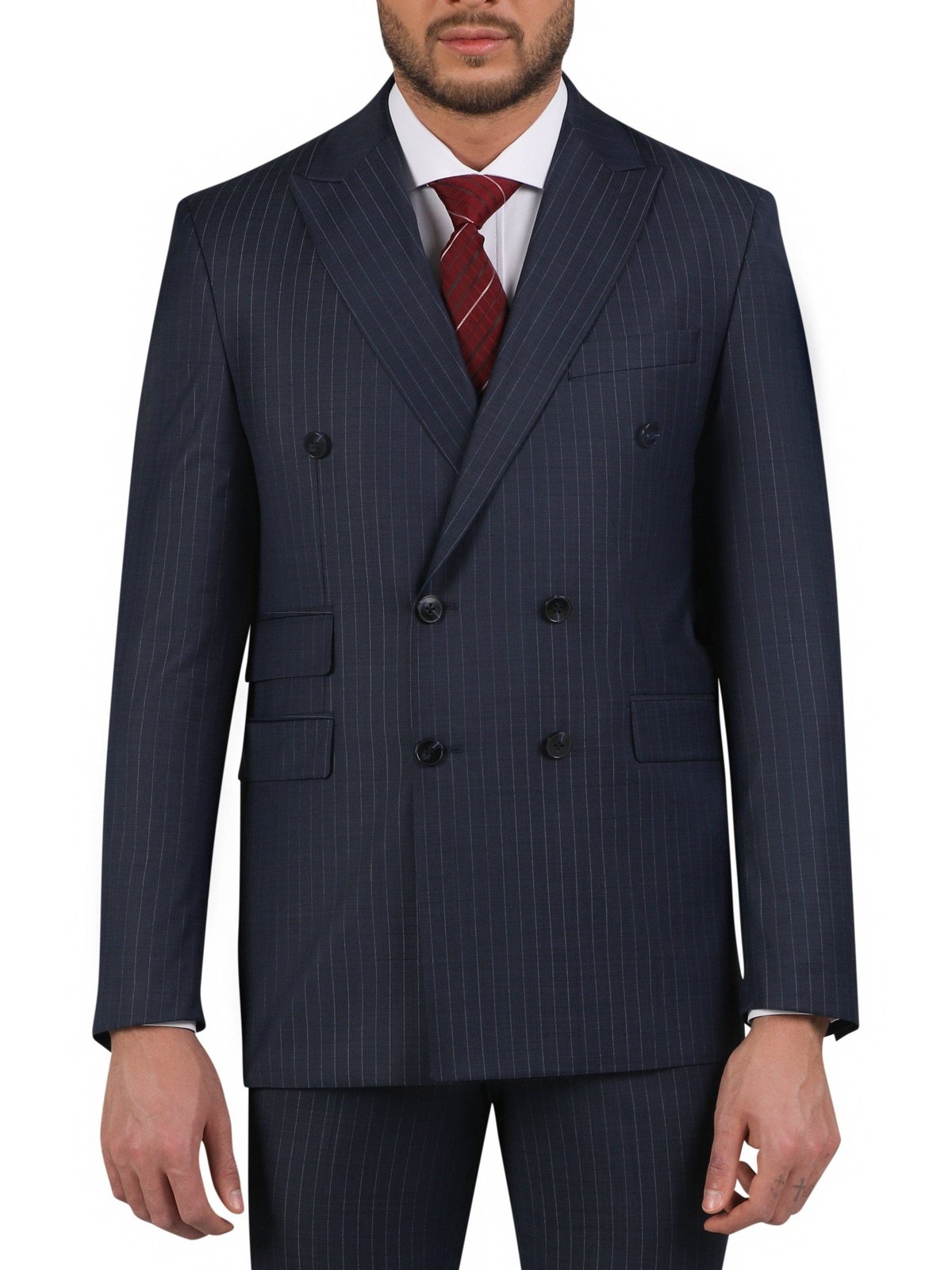 Di'nucci SUITS Di'nucci Navy With Purple Pinstripe Double Breasted Peak Lapel Wool Suit