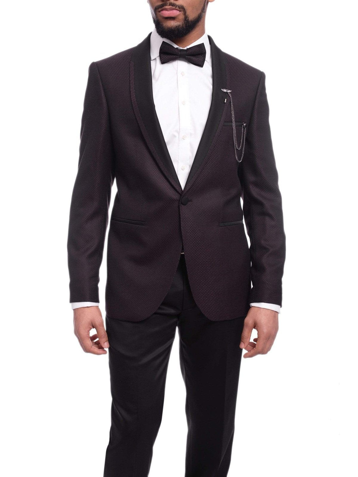 Emilio Guseppe TUXEDOS Emilio Gueseppe Slim Fit Burgundy & Black Check Tuxedo Suit With Shawl Lapels