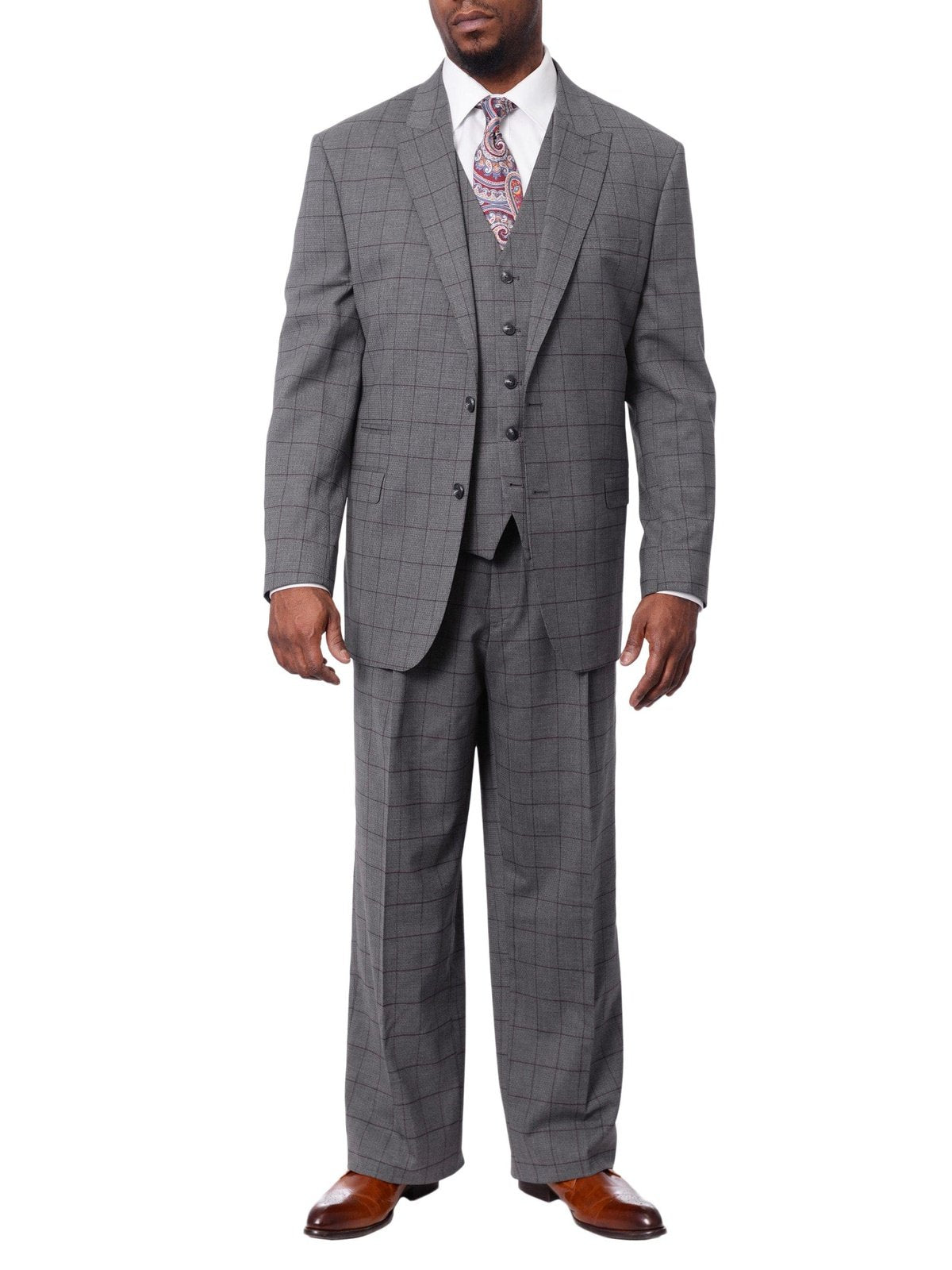 Extrema Extrema Mens Gray Check Wool Blend 3 Piece Vested Regular Fit Suit