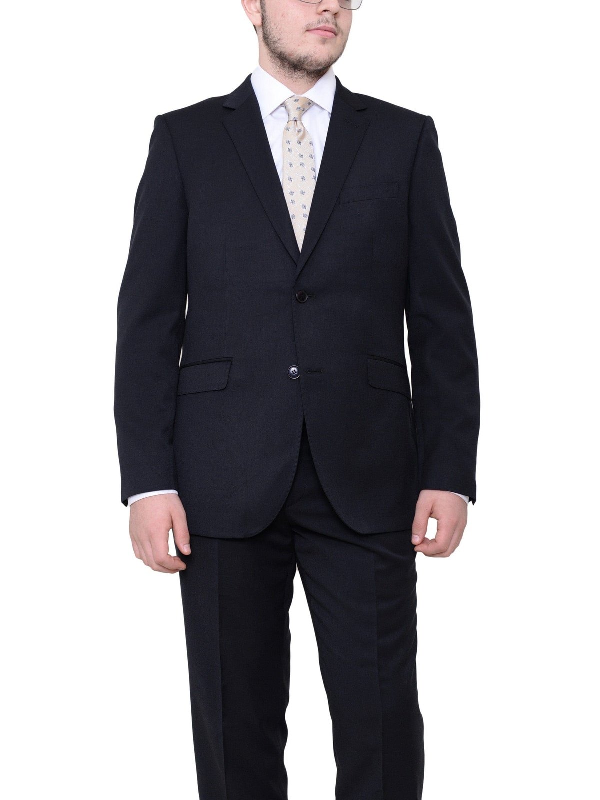 I Uomo TWO PIECE SUITS I Uomo Men's Regular Fit Solid Black Two Button 100% Wool 2 Piece Suit