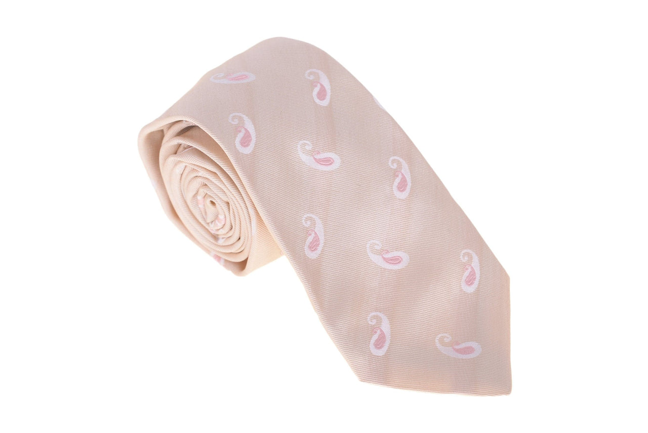 Kiton Napoli Mens Cream With Pink Paisley Motif Seven Fold Handmade Silk Necktie - The Suit Depot