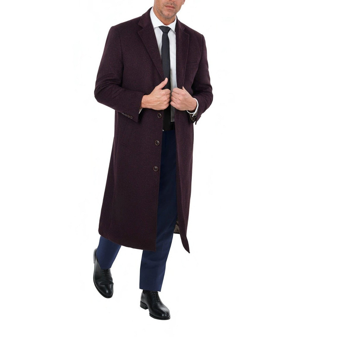 Label E OUTERWEAR Mens Regular Fit Solid Burgundy Full Length Wool Cashmere Overcoat Top Coat