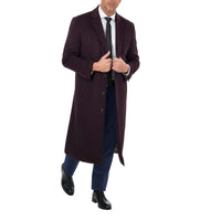 Thumbnail for Label E OUTERWEAR Mens Regular Fit Solid Burgundy Full Length Wool Cashmere Overcoat Top Coat