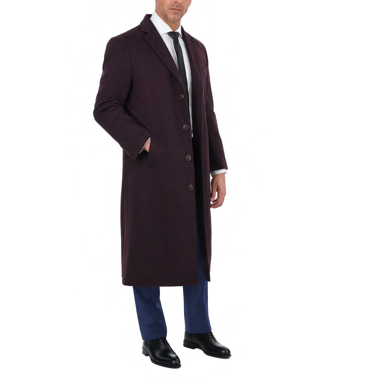 Label E OUTERWEAR Mens Regular Fit Solid Burgundy Full Length Wool Cashmere Overcoat Top Coat