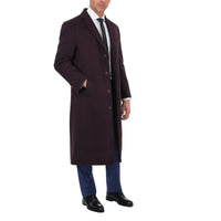 Thumbnail for Label E OUTERWEAR Mens Regular Fit Solid Burgundy Full Length Wool Cashmere Overcoat Top Coat