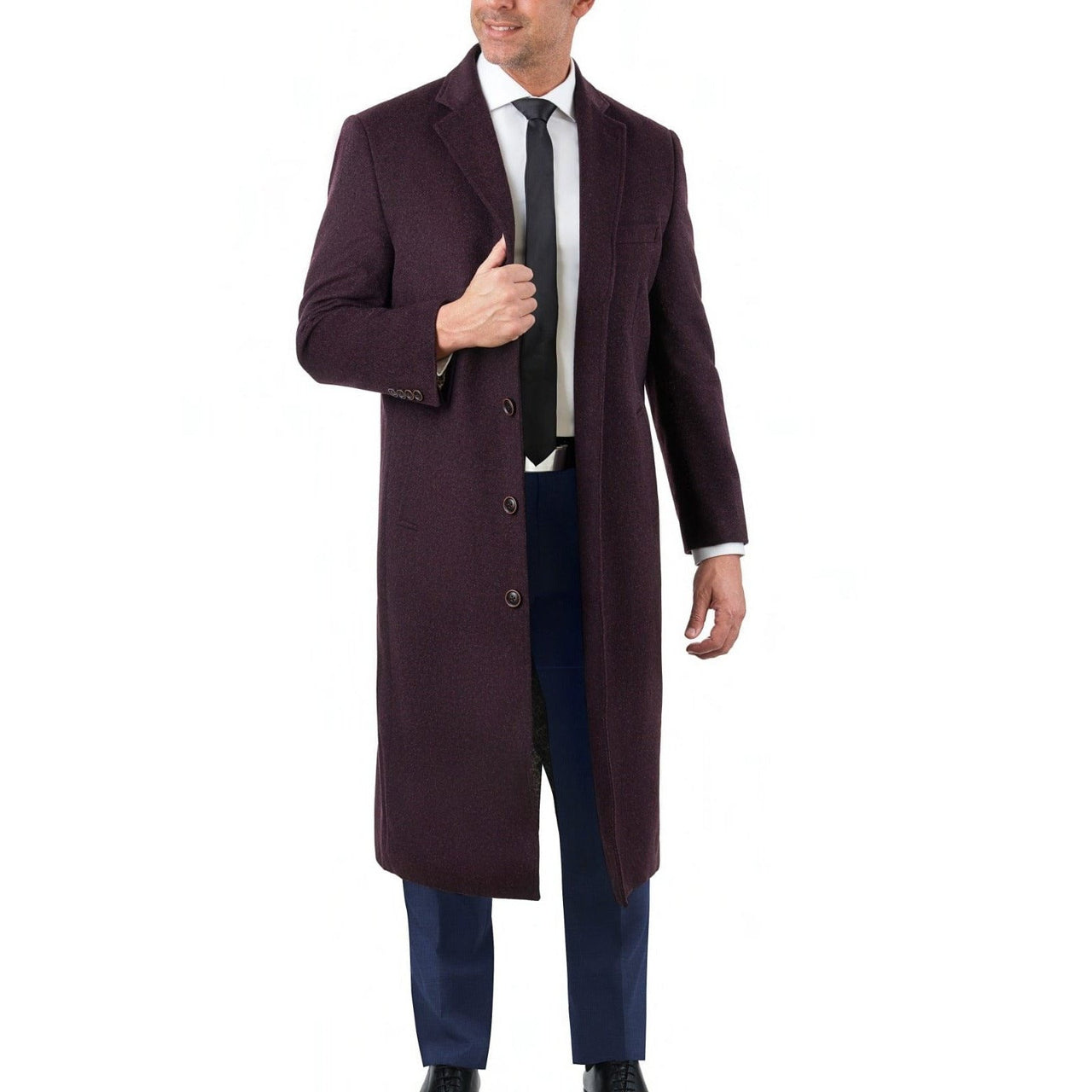 Label E OUTERWEAR Mens Regular Fit Solid Burgundy Full Length Wool Cashmere Overcoat Top Coat