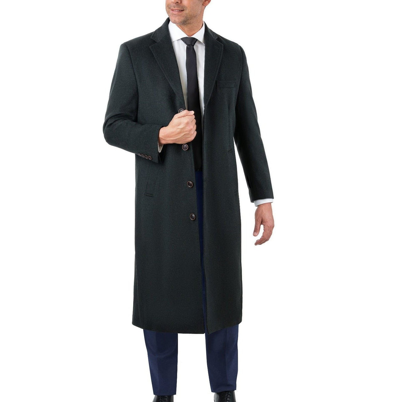 Label E OUTERWEAR Mens Regular Fit Solid Hunter Green Full Length Wool Cashmere Overcoat Top Coat